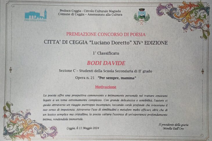 6 MOTIVAZIONE vincita 1 Premio POESIA Bodi Davide